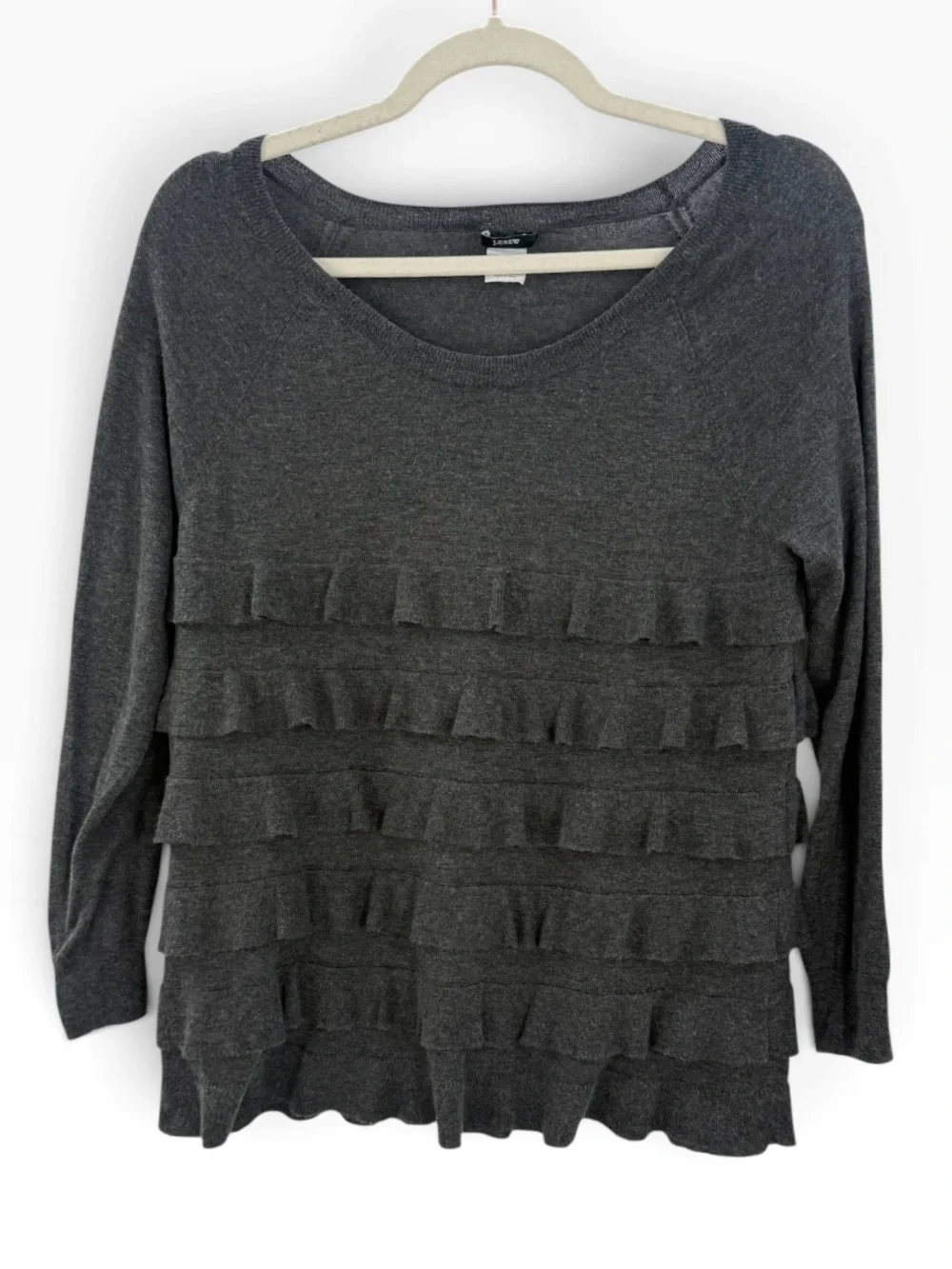 J.Crew Tiered Ruffle Sweater Charcoal Gray Pima Cotton Wool Scoop Neck, S